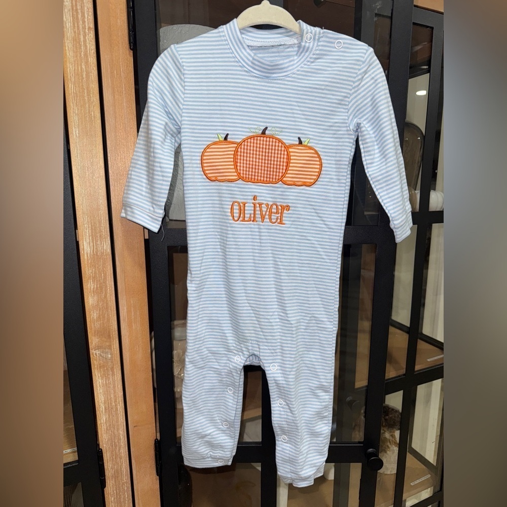 Cecil & Lou Oliver appliqué coverall baby boy pumpkins fall romper striped knit